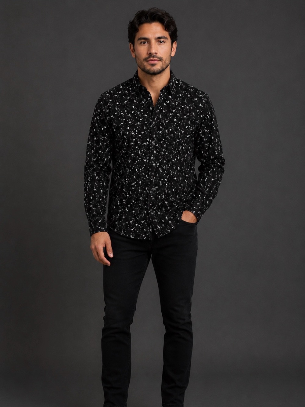 Old Navy Black Button-Down Shirt with White Floral Print